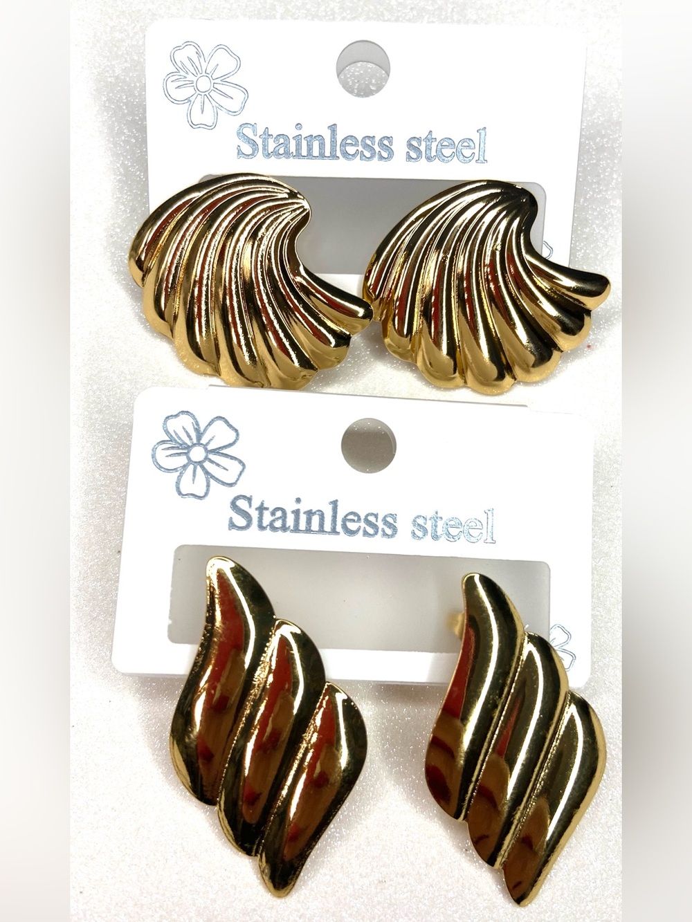 2 Gold Shell & Wave Stainless Steel Earrings - Gold Tone